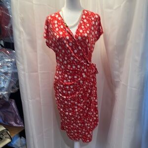 Maggy London Red and White Wrap Midi Dress with V-Neck EUC